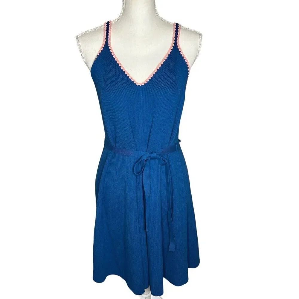 Boden Turquoise Crochet Trim Tie Belt Ribbed Knit Sweater Dress Sz 10 NWT!